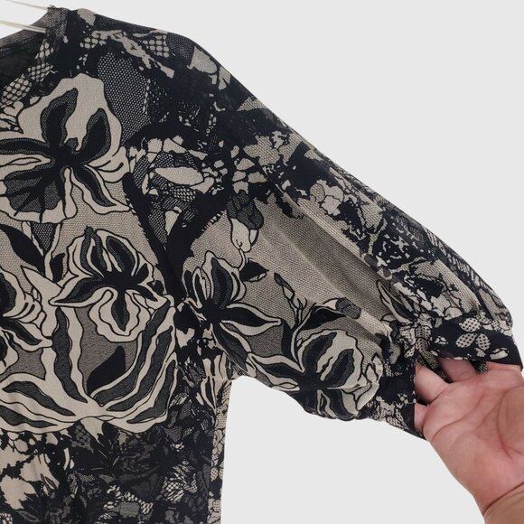 FUZZI Italy Floral Mesh Top Black Beige Puff Sleeve Blouse Women’s Size M - Picture 3 of 7